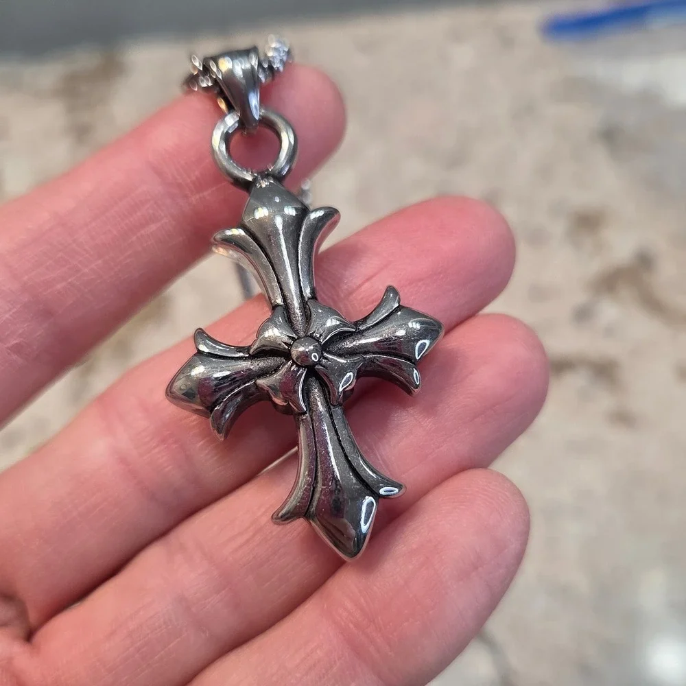 Gothic Cross Pendant Necklace and Matching Ring Set Silver Tone Streetwear